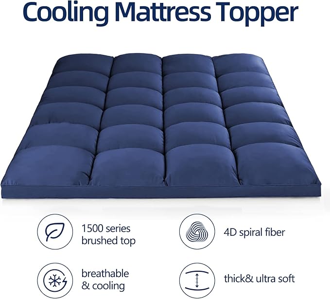 Mattress Topper Twin XL for Back Pain, Extra Thick Mattress Pad Cover, Plush Pillow Top, Deep Elastic Pocket, Navy