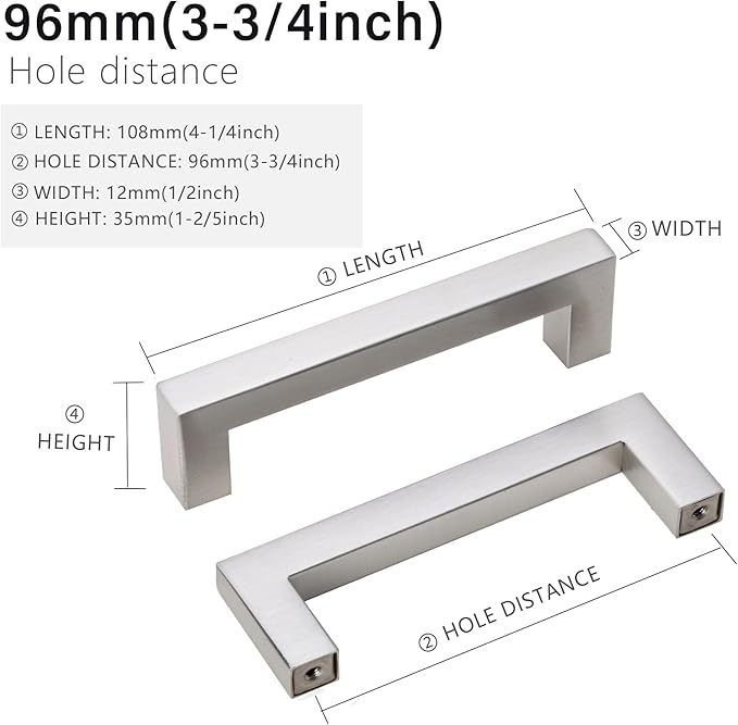 Cabinet Pulls Brushed Nickel Cabinet Handles Square Drawer Pulls, 10 Pack 3-3/4 Inch Stainless Steel Kitchen Door Cupboard Cabinet Handles, Cabinet Hardware Drawer Handles, 96mm Hole Centers