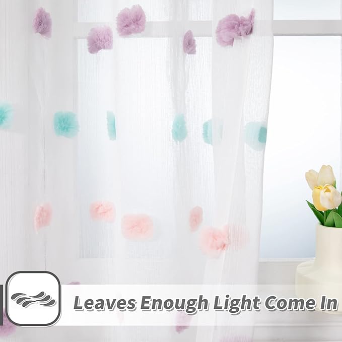 MYSKY HOME Rainbow Curtains for Bedroom Nursery Pom Pom Curtains Kids 84 Inch Length Long White Sheer Curtains 2 Panels Set for Living Room Girls Room Rod Pocket Farmhouse Dining Room 52 x 84 inch
