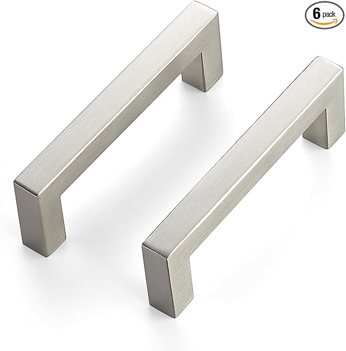 JOY DECOR 6 Pack Cabinet Handles, Brushed Nickel Cabinet Pulls, 3-3/4 Inch Kitchen Closet Handles Square Drawer Pulls Stainless Steel Drawer Hardware, 96mm Hole Centers