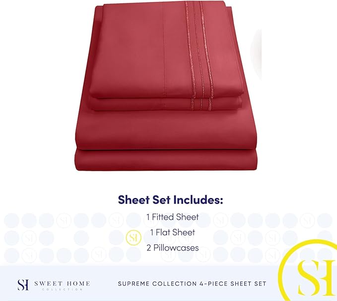 Split King Sheets - Breathable Luxury Sheets with Full Elastic & Secure Corner Straps Built In - 1800 Supreme Collection Extra Soft Deep Pocket Bedding Set, Sheet Set, Split King Size, Burgundy