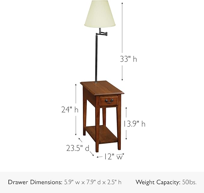 Haven Ridge Solid Wood Side Table with Built-In Swing Arm Lamp and Drawer, Medium Oak Brown, Perfect for Entryways, Living Rooms, and Small Spaces – Leick Home, 9037-MED