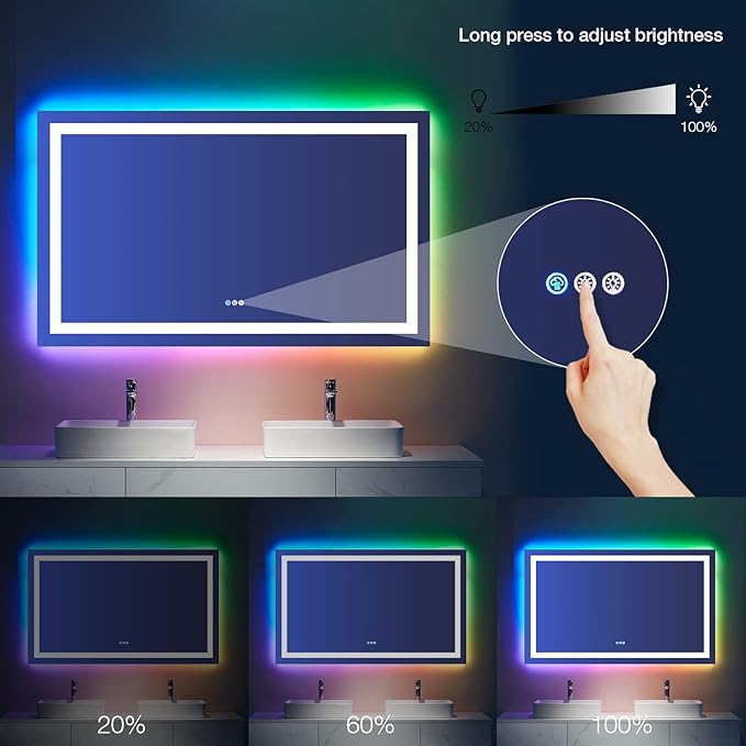 LOAAO 60X28 RGB LED Bathroom Mirror with Lights, Large, Anti-Fog, Dimmable Lighted Bathroom Vanity Mirror, Colorful Multiple Light Modes, RGB Backlit + Front Light, Memory Function