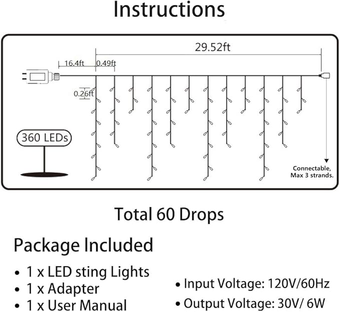 Toodour Christmas Icicle Lights Outdoor, 360 LED 29.5ft 8 Modes Fairy Icicle String Light with 60 Drops, Led Christmas Lights Twinkle for Holiday, Party, Wedding, Eaves, Xmas Decorations (Warm White)