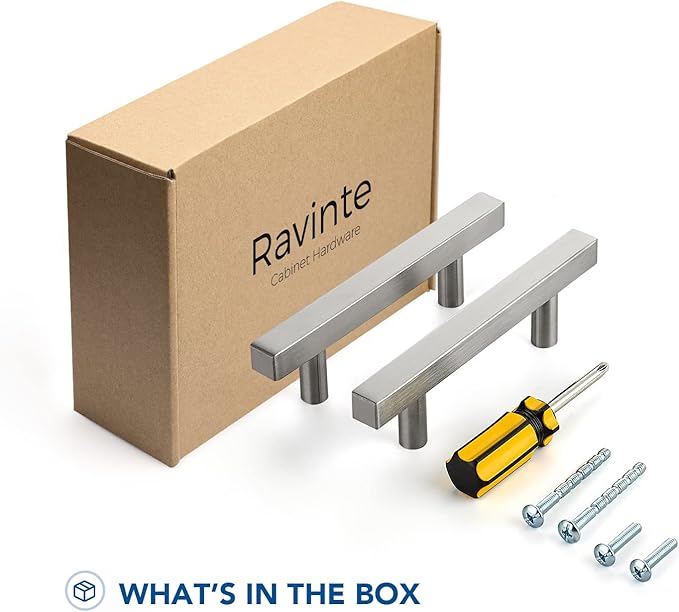 Ravinte 5 Pack Cabinet Handles 3 Inch Brushed Nickel Cabinet Pulls Square Hardware for Kitchen Cabinets - 5 Inch Total Length
