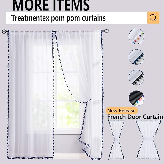 Treatmentex Pom Pom Sheer Curtains for Bedroom 95inches Long Linen Textured Window Voile Drapes Lilac Rod Pocket 1 Pair