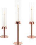 Hurricane Candle Holders Set of 3 Metal Candlestick Holder for Glass Taper Tall Candle Holders with Crystal Chimney Tube Candles Stands for Home Decor, Christmas, Dinning (3, Rose Gold)