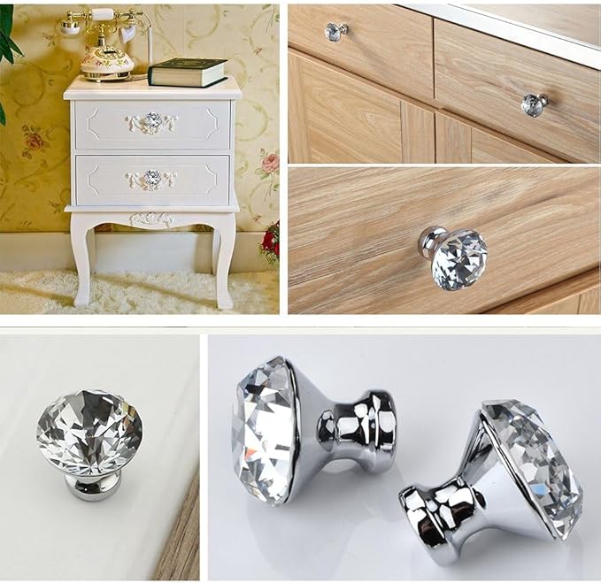 30mm Kitchen Cabinet Knobs Drawer Pull Handle Hardware, Crystal Clear Glass Round Diamond Shape Dresser Closet Bi-fold Door Bathroom Cupboard Desk Nightstand Furniture Decorative Drawer Knobs （16PCS）
