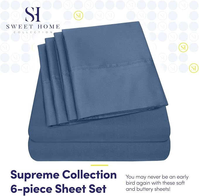 Sweet Home Collection 6 Piece 1500 Supreme Collection Brushed Microfiber Deep Pocket Sheet Set-2 Extra Pillow Cases, Great Value, Rv Short Queen, Denim