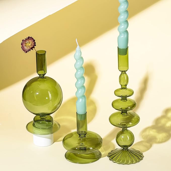 Rtteri 3 Pcs Glass Candlestick Holders Glass Candle Holders Groovy Wavy Elegant Taper Candle Stick for Wedding Home Birthday Party Christmas Halloween Decoration Windowsill Decor(Green)