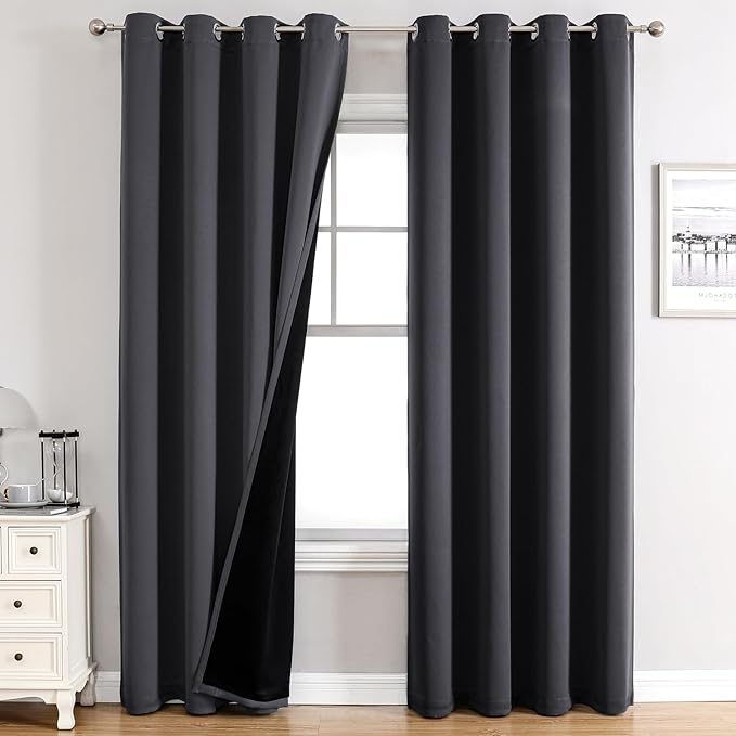 ChrisDowa 100% Blackout Curtains for Bedroom with Black Liner, 2 Thick Layers Total Blackout Thermal Insulated Grommet Window Curtains 72 Inch Length 2 Panels Set (Dark Grey, 52 x 72 Inch)