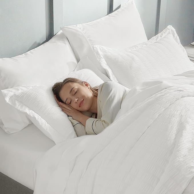 CozyLux Twin XL Seersucker Comforter Set with Sheets White 5 Pieces Bed in a Bag Twin Extra Long Luxury Soft Bedding Sets for College Dorm with Down Alternative Comforter, Sheets, Pillowcase & Sham
