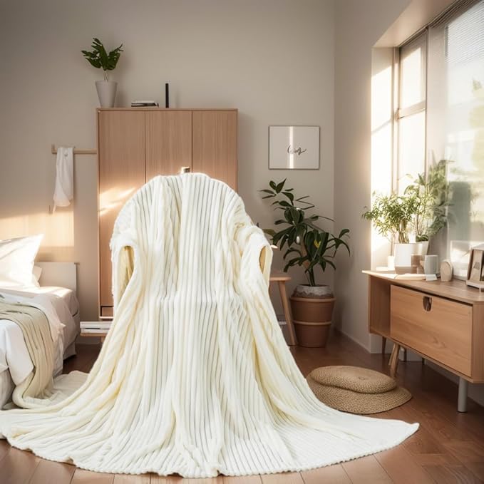 Cuddly Twin Size Blanket, Fluffy Fleece, Warm & Soft with Striped Pattern, 66x90 Inches, Cream