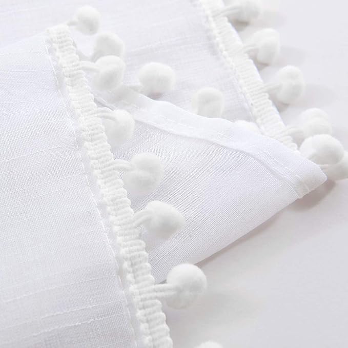Treatmentex Pom Pom White Sheer Curtains for Living Room 63" Linen Texture Rod Pocket Window Sheers 52" w x 2 Panels, Rod Pocket Drapes