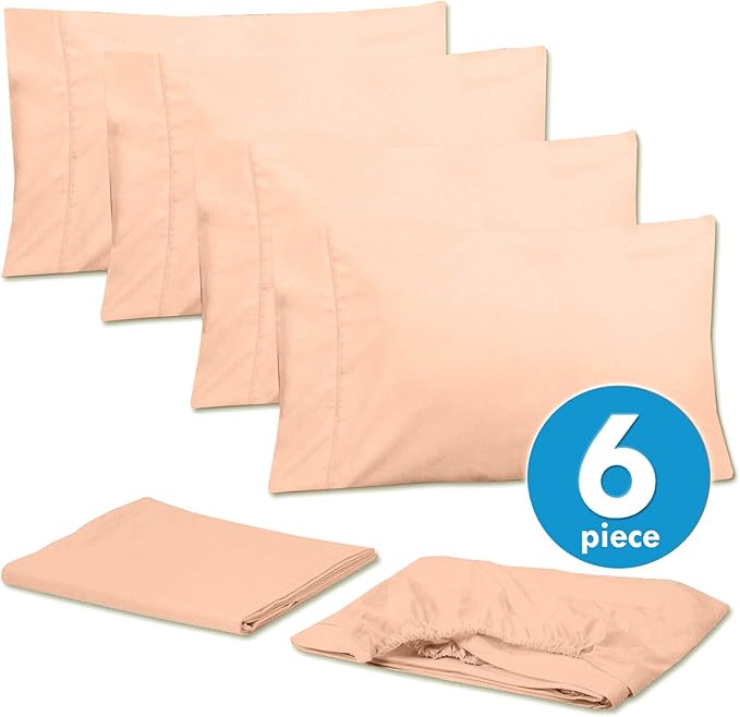 Cal King Size Bed Sheets - 6 Piece 1500 Supreme Collection Fine Brushed Microfiber Deep Pocket California King Sheet Set Bedding - 2 Extra Pillow Cases, Great Value, California King, Peach