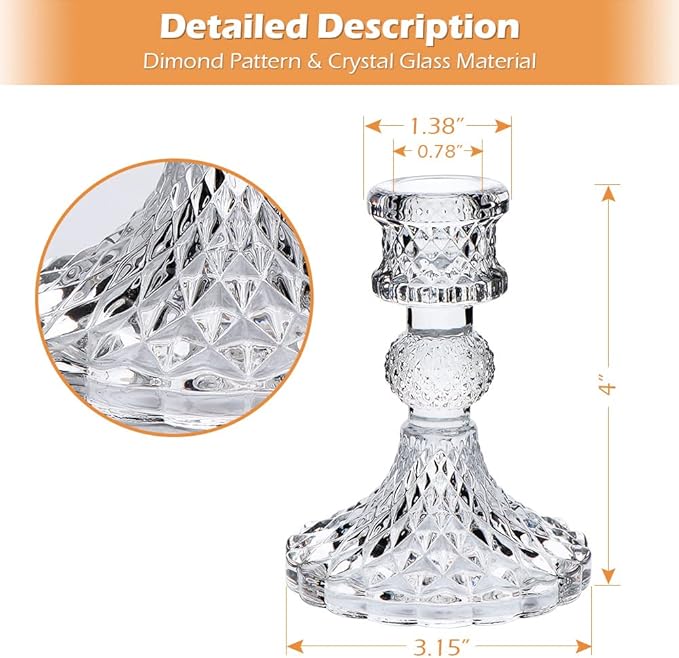 DARJEN Candlestick Holders Set,12Pcs 4" H Taper Candle Holders Bulk, Clear Glass Candle Holders for Wedding, Spring Party, Romantic Dinner, Festival & Windowsill Decor