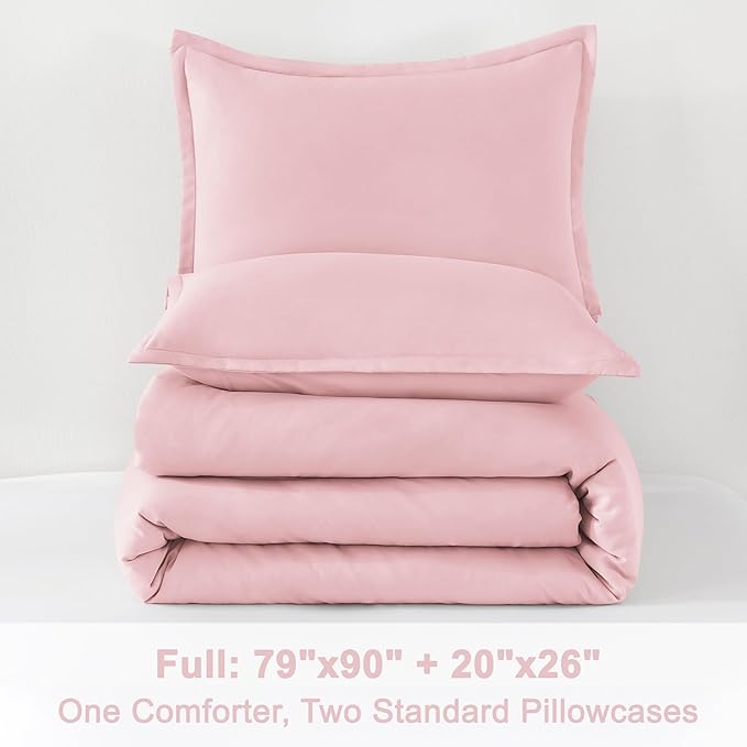 Litanika Pink Comforter Set Full Size, 3 Pieces Girls Women Cute Soft Solid Bedding Comforter Set, All Season Bed Set (79x90In Comforter & 2 Pillowcases)