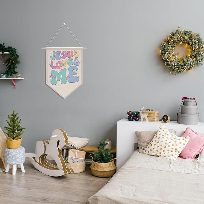Nursery Decor Jesus Decor Boho Christian Decoration Canvas Hanging Pennant Flag Banner Wall Sign Decor Gift for Nursery Bedroom Playroom Game Room Front Door