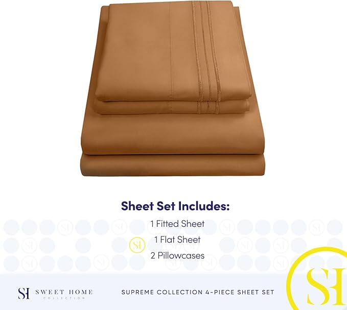 1800 Supreme Collection - Breathable Luxury Full Size Sheet Set with Full Elastic & Secure Corner Straps Built In - Extra Soft Deep Pocket Bedding, Mocha
