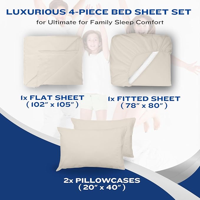 DREAMCARE King Size Sheets Set - Cooling Bed Sheets - 4pcs Set - up to 15" Deep Pocket King Sheet Set – Soft & Long Lasting Cooling - 100% Fine Brushed Polyester with Side Pocket - Ivory
