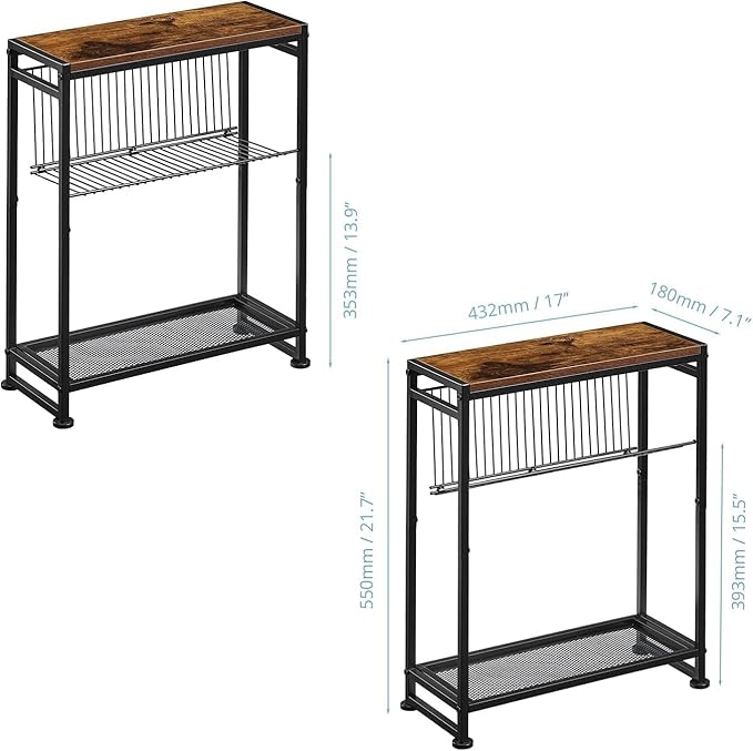 Small Side Table for Small Spaces - Slim End Table with Magazine Holder - 2 in 1 Design Narrow End Table Living Room - Skinny Bedside Table Nightstand Bedroom Thin Side Table, Rustic Brown
