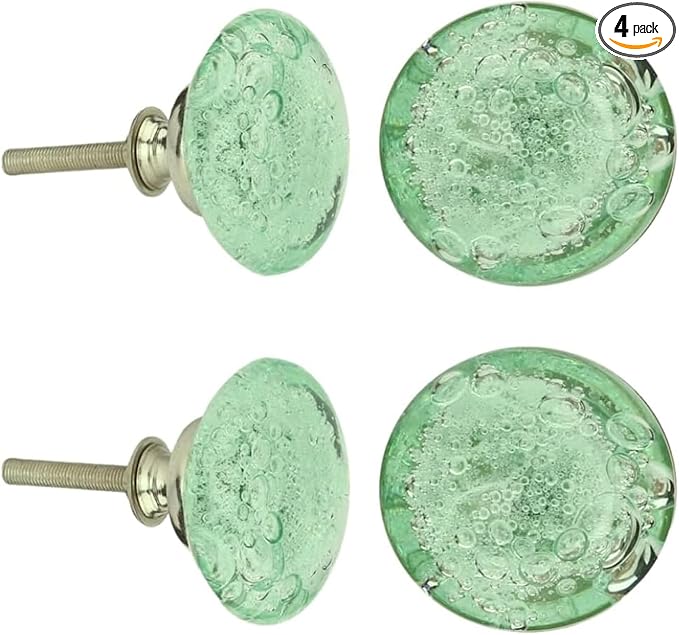 Perilla Home Set of 4 Bubble Knobs - Decorative Light Green Crystal Knobs - Glass Knob for Home Decor, Interior, Kitchen Cabinet, Hardware, Cupboard, Door, Dresser, Wardrobe and Drawer Pulls Handles