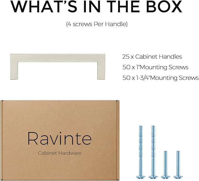 Ravinte 25 Pack Solid 3-3/4 Inch Center to Center Slim Square Bar Drawer Handles Kitchen Cabinet Handles Brushed Nickel Satin Nickel 3-3/4in Hole Center