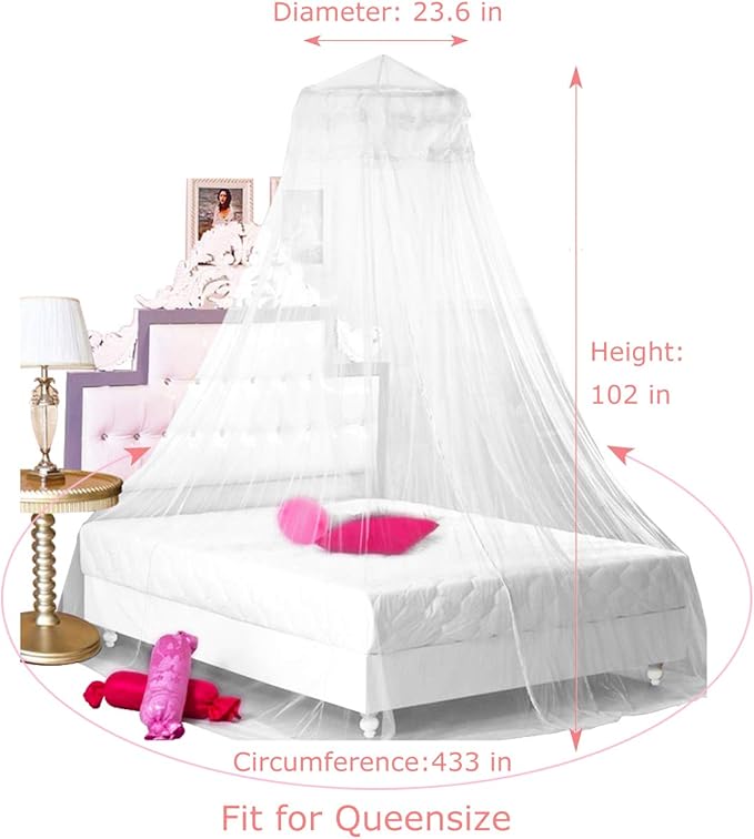 BCBYou Princess Bed Canopy Netting Mosquito Net Round Lace Dome for Twin Full and Queen Size Beds Crib with Jumbo Swag Hook (White)