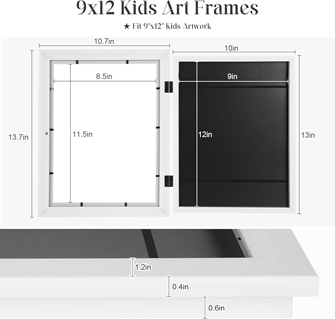 [3Pack] Kids Art Frames, 9x12 Front Opening Kids Artwork Frames Changeable, White Artwork Display Storage Frame for Wall, Holds 50 Pcs, for 3D Picture, Crafts, Children Drawing, Hanging Art, Portfolio