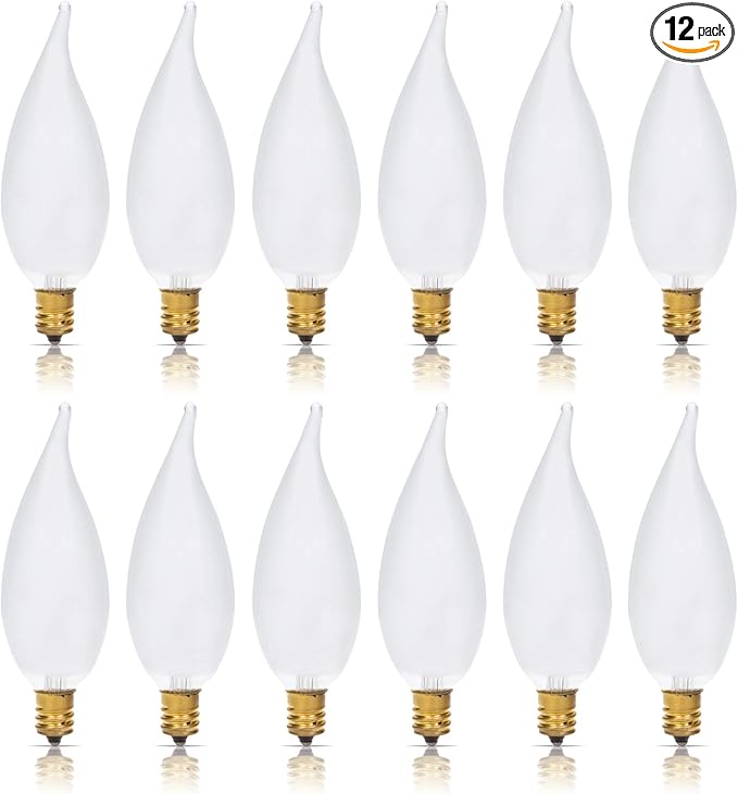 Simba Lighting Candelabra Flame Tip Frosted CA10 25W E12 Base (12 Pack) Decorative Incandescent Light Bulbs 120V for Chandeliers, Ceiling Fan Lights, Pendants, Wall Sconces, Dimmable, Warm White 2700K