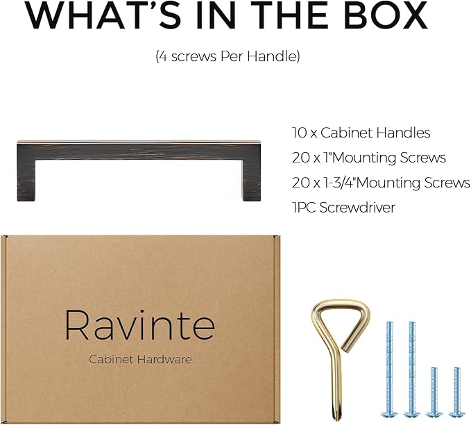Ravinte 10 Pack Solid Kitchen Cabinet Handles Oil Rubbed Bronze Cabinet Pulls Slim Drawer Pulls with 4 Inch Hole Center Square Bar Kitchen Cabinet Hardware