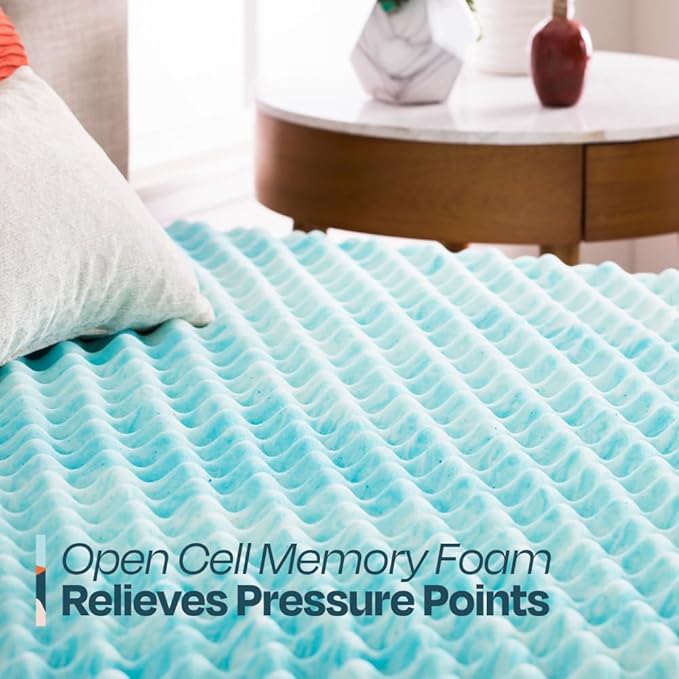 Linenspa 3 Inch Convoluted Gel Swirl Memory Foam Mattress Topper - Promotes Airflow - Relieves Pressure Points - Queen
