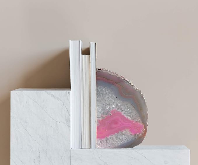 AMOYSTONE Large Pink Agate Decorative Bookends Dyed Polished 1 Pair 6-8 Lbs Natural Heavy Duty Crystal Book Stopper