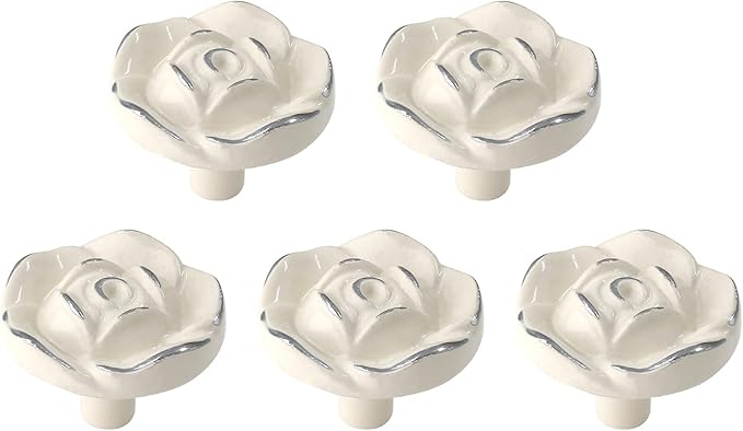 Uenhoy 5 Pcs Vintage Rose Drawer Knobs - Antique Rose Flower Cabinet Knobs for Dresser Vanity Nightstand Closet with Screws (Ivory White with Silver Edge)