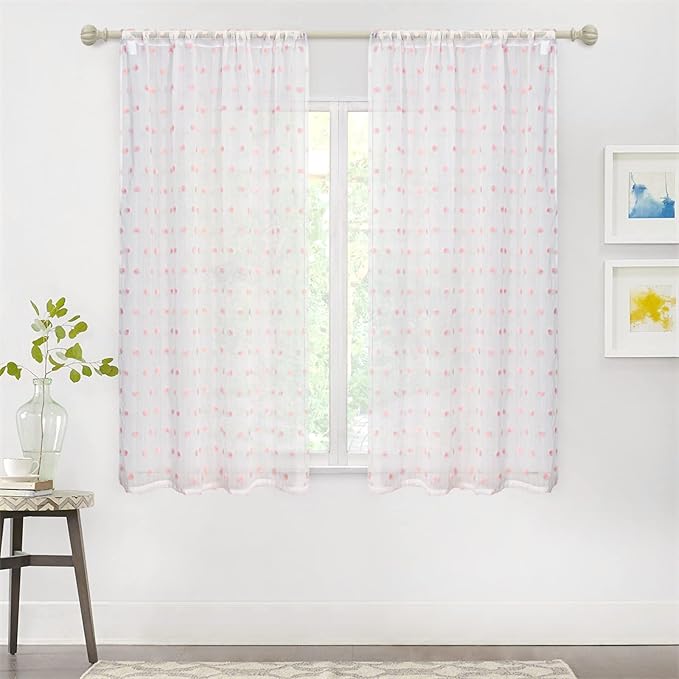 MYSKY HOME 45 Inches Kitchen Curtains Small Window Curtains for Bathroom Cafe Bedroom Pink Pom Pom White Sheer Curtains for Nursery Room Rod Pocket 2 Pieces Drapes 52 x 45 inch Length