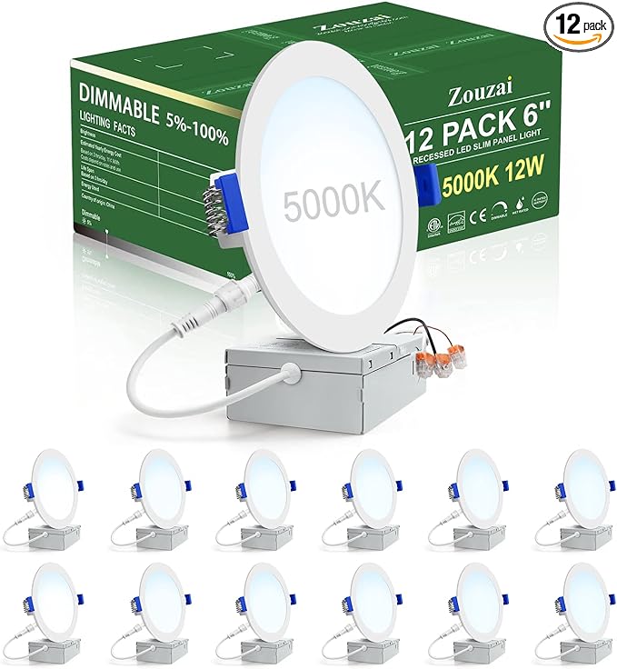 zouzai 12 Pack 6 Inch Ultra-Thin LED Recessed Ceiling Light with Junction Box, 5000K Daylight, 12W Eqv 110W, Dimmable Canless Wafer Downlight, 1080LM High Brightness, ETL and Energy Star Certified