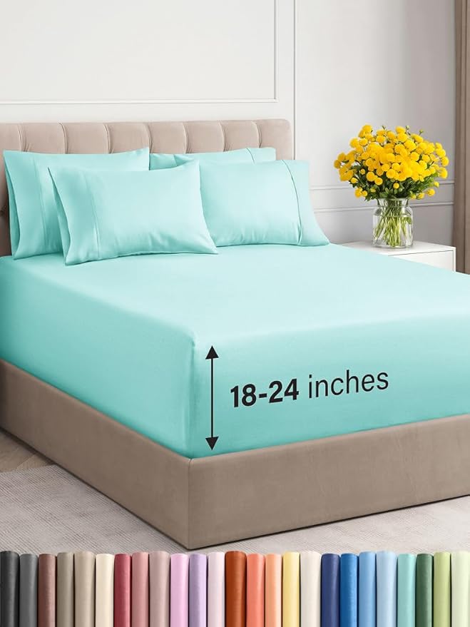Extra Deep Cal King Sheet Set - 6 Piece Breathable and Cooling Sheets - Hotel Luxury Bed Sheets Set - Easy Fit - Soft, Wrinkle Free and Comfy Sheets Set - Spa Blue Sheet Set with Extra Deep Pockets