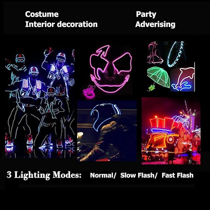 MaxLax EL Wire Mutilcolor, 9.8ft/3m Portable Battery Pack Neon Light Strip 360° Cuttable Glowing Rope Lights for Parties, Halloween, DIY Decoration