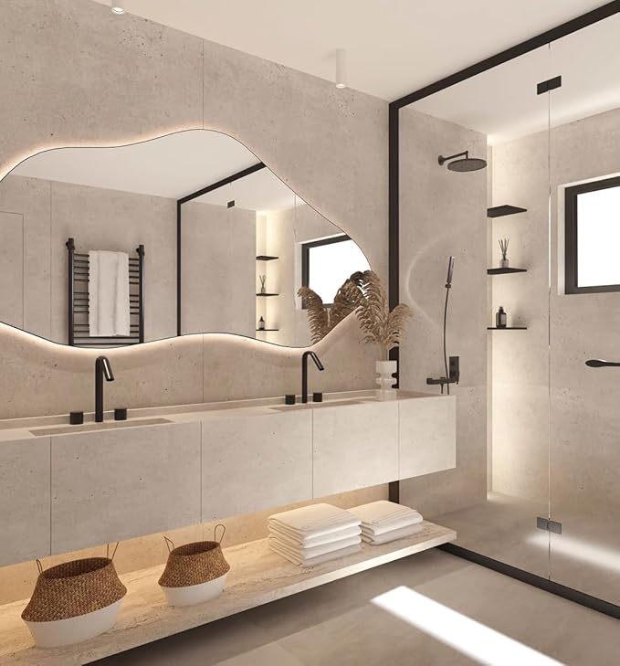 Asymmetrical Bathroom LED Mirror, Modern Irregular Shape Wall Mirror with LED Lights, Frameless Aesthetic Backlit LED Illimunated Vanity Mirror (30" x 15" inc)