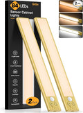 Gritin 10.2inch Under Cabinet Lighting Rechargeable -84 LED Super Bright,3-Color& 5 Level Brightness,4 Modes,Motion Sensor, Long Lasting- Easy Installation Magnetic Closet Lights -2 Pack-Gold