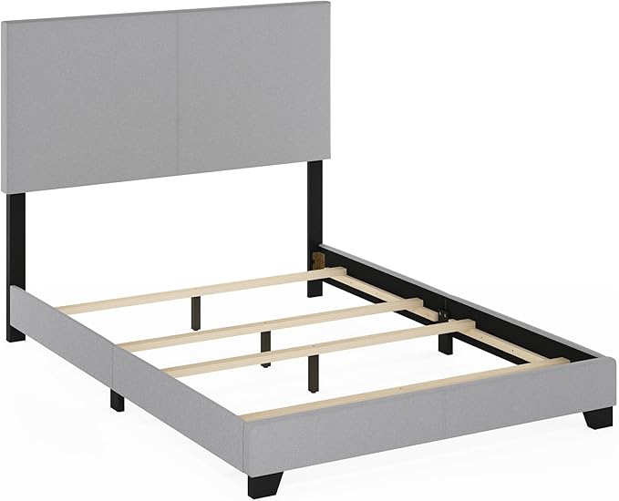 Furinno Pessac Fabric Upholstered Bed Frame with Wooden Slat Support, Full, Glacier