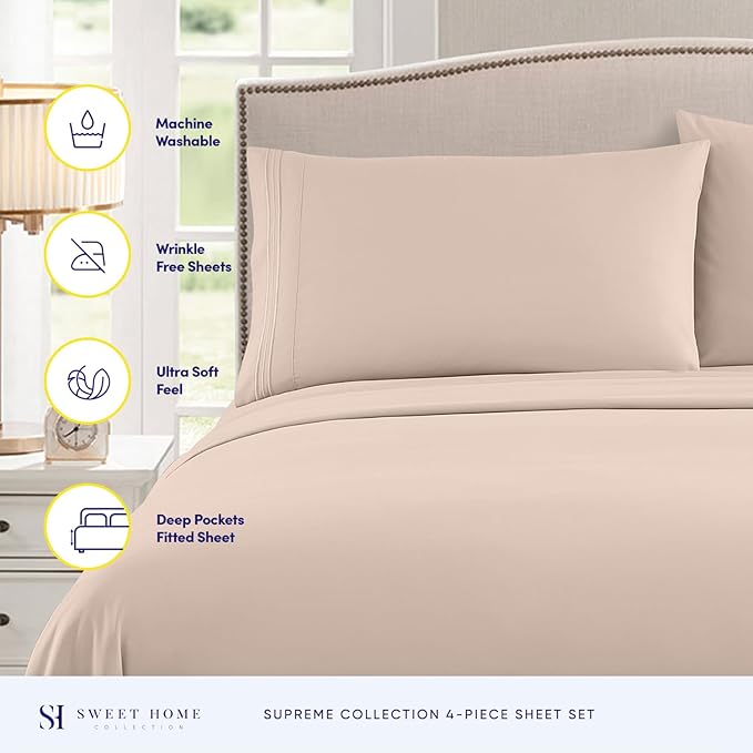 Twin Sheets - Breathable Luxury Sheets with Full Elastic & Secure Corner Straps Built In - 1800 Supreme Collection Extra Soft Deep Pocket Bedding Set, Sheet Set, Twin, Beige