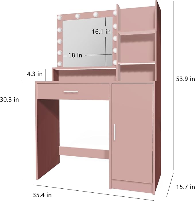 Vanity Desk with Mirror and Light, Large Drawer and Three Level Storage Dresser, 3 Lighting Modes Adjustable Brightness, Bedroom Dressing Table (Pink)