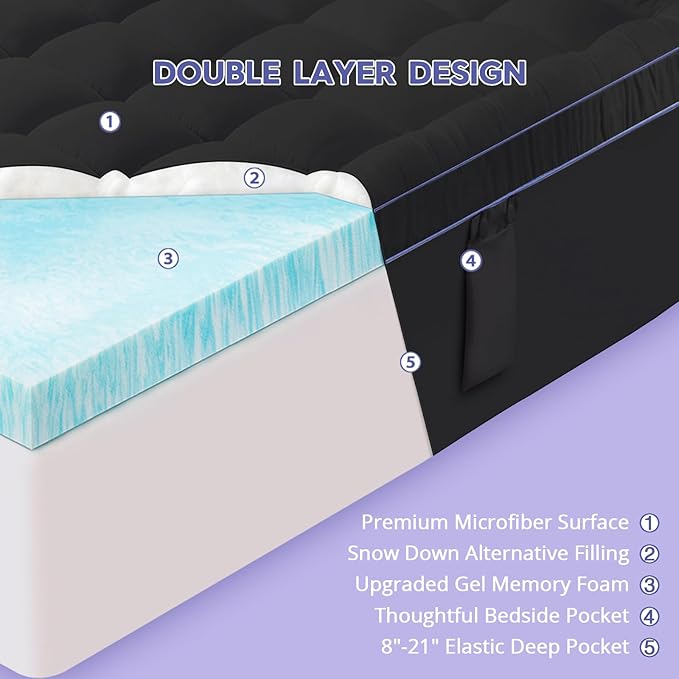 ABENE King Dual Layer 3 Inch Memory Foam Mattress Topper, 2 Inch Gel Memory Foam Plus 1 Inch Down Alternative Pillowtop Mattress Pad Cover, Soft Black Bed Topper Support for Pressure Relief