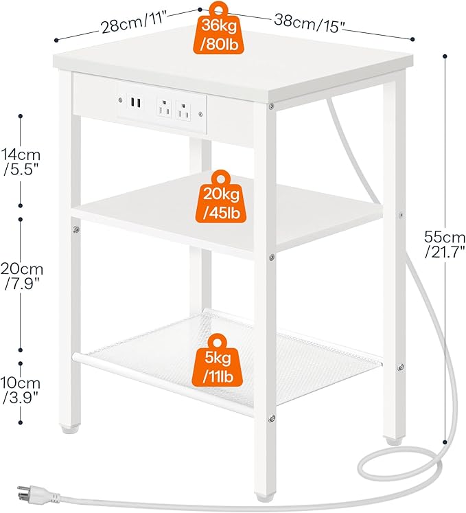 HOOBRO Side Tables Set of 2 with Charging Station and USB Ports, Small End Tables for Small Space, 3-Tier Nightstands with Adjustable Shelf, for Living Room, Bedroom and Balcony, White WW112BZP201