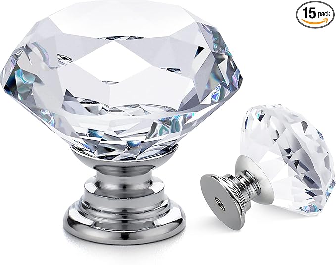 Ravinte 15 Pack Crystal Drawer Knobs - Glass Cabinet Knobs, Diamond Shaped, 30 mm, Silver Base