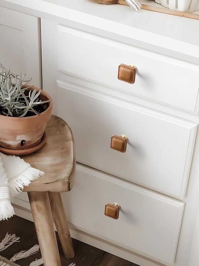 2 Pack Brown Leather Drawer Pulls Square Leather Handles Cabinet knobs for Kitchen Bathroom Cabinets Dressers Furniture Handles