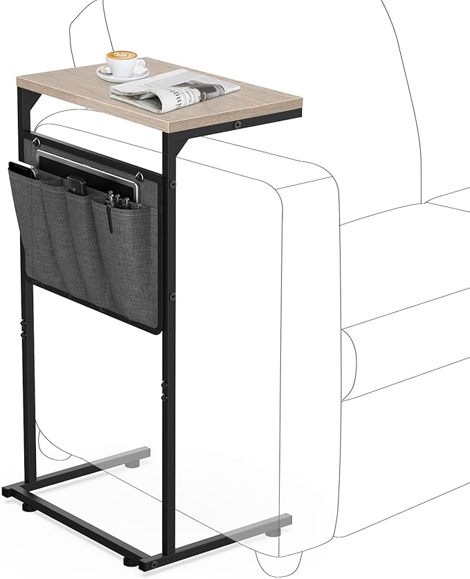 Vantic C Shaped End Table, Small Side Table for Couch and Recliner, Slide Under Sofa Tray Desk with Storage Bag for Living Room and Bedroom, Greige