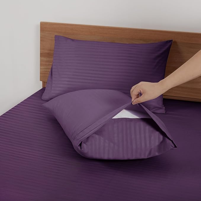 Mejoroom Striped Queen Size Sheet Set - Hotel Luxury 1800 Bedding Sheets & Pillowcases - Deep Pocket Fitted Sheet, Soft, Breathable, Wrinkle & Fade Resistant - 4 Piece (02-Purple)