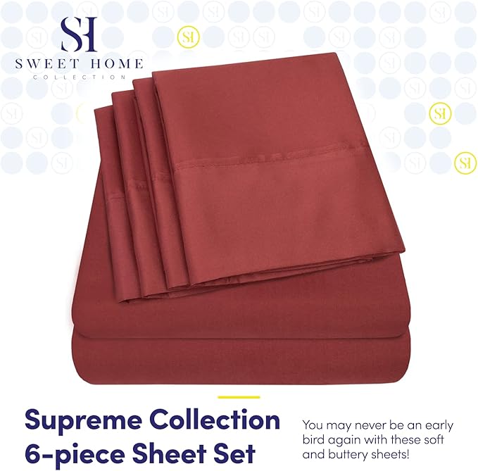 Queen Sheets Burgundy - 6 Piece 1500 Supreme Collection Fine Brushed Microfiber Deep Pocket Queen Sheet Set Bedding - 2 Extra Pillow Cases, Great Value, Queen, Burgundy